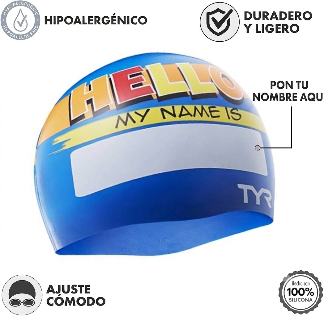 Gorro natación TYR "Hello my name is" - Blue