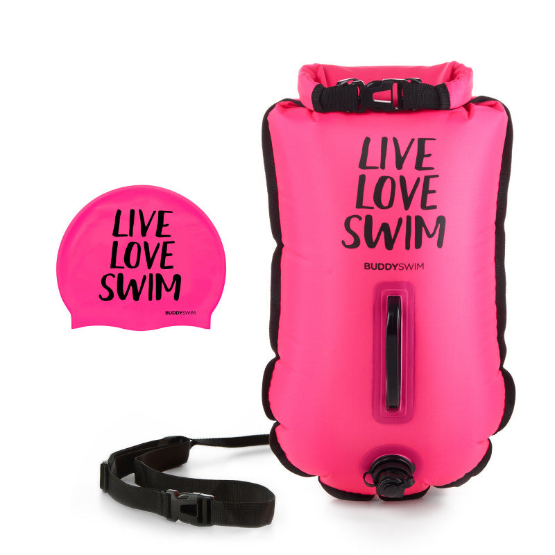 Pack boya 20 lts + gorro para aguas abiertas BuddySwim - Pink