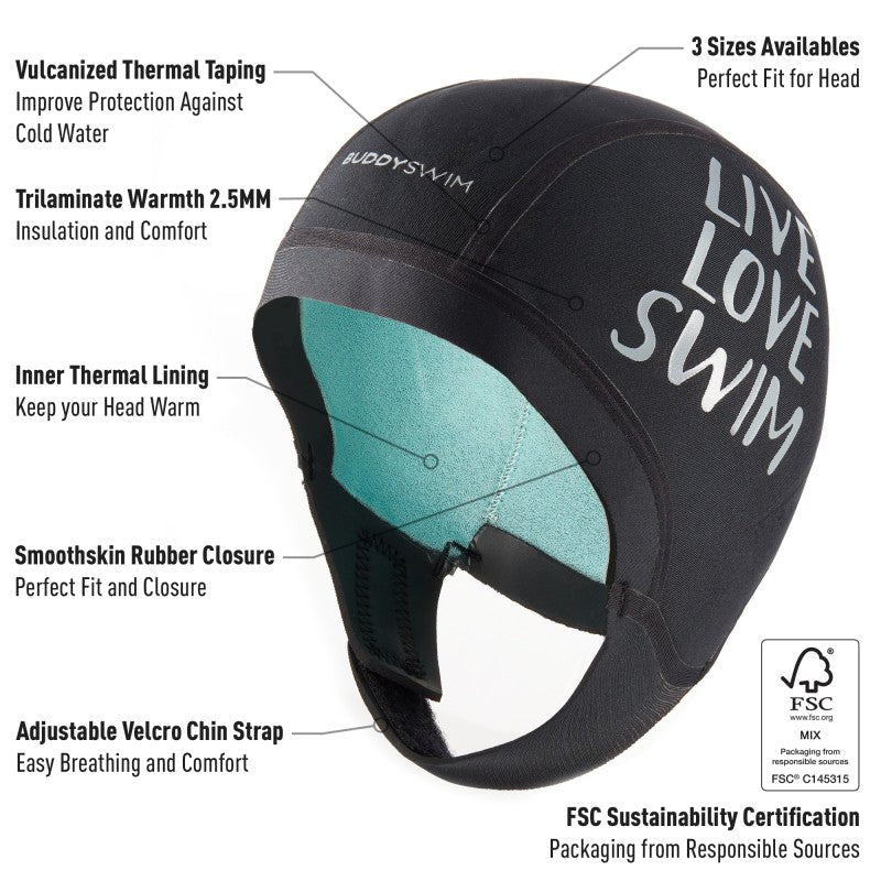 Gorro Neopreno Buddyswim Trilaminate Warmth 2.5mm - Black - Barlovento natación
