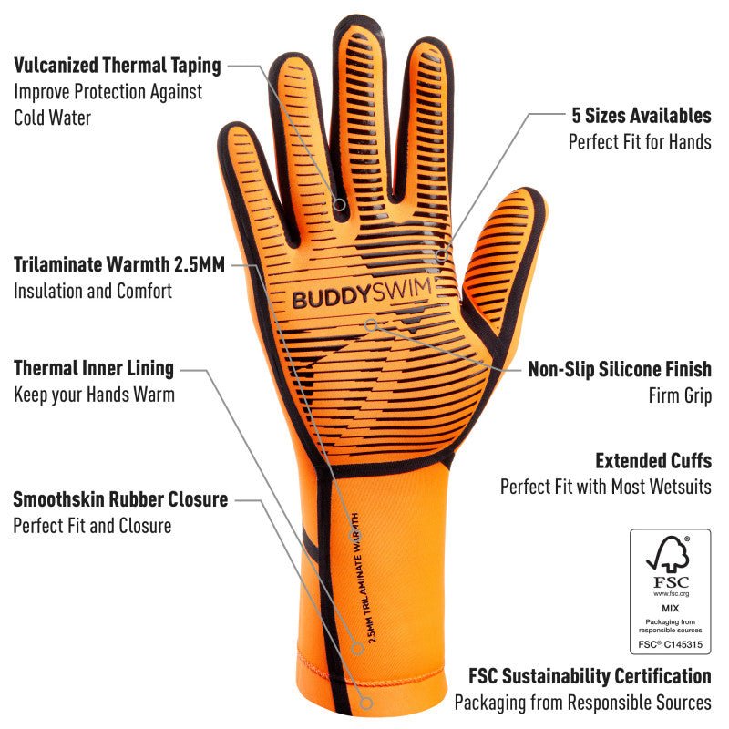 Guantes Neopreno Buddyswim Trilaminate Warmth 2.5mm - Orange - Barlovento natación