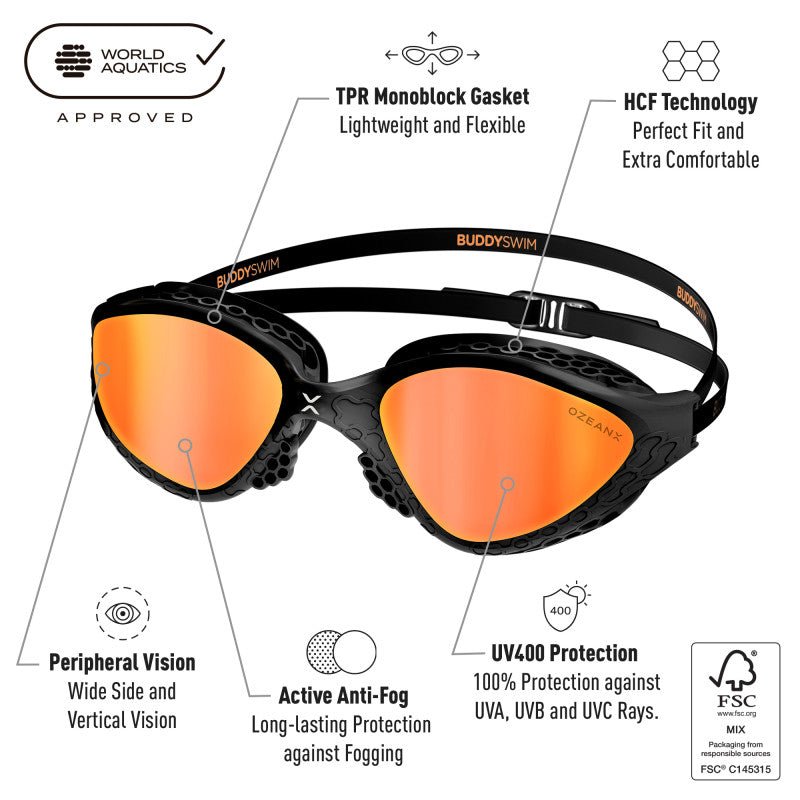 Lentes para aguas abiertas Buddyswim OzeanX - Black/Orange Mirror - Barlovento natación