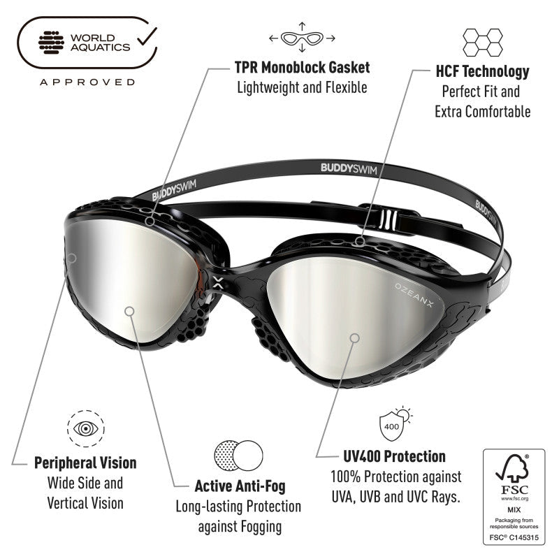 Lentes para aguas abiertas Buddyswim OzeanX - Black/Silver Mirror - Barlovento natación