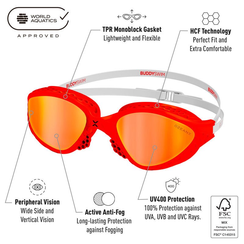 Lentes para aguas abiertas Buddyswim OzeanX - Red,White/Orange Mirror - Barlovento natación
