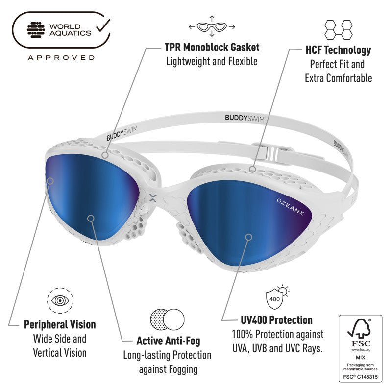 Lentes para aguas abiertas Buddyswim OzeanX - White/Blue Mirror - Barlovento natación