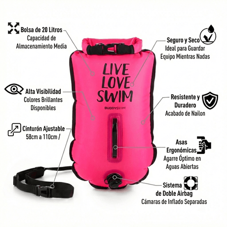 Pack boya 20 lts + gorro para aguas abiertas BuddySwim - Pink - Barlovento natación