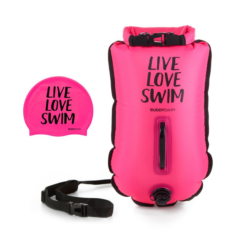 Pack boya 20 lts + gorro para aguas abiertas BuddySwim - Pink - Barlovento natación